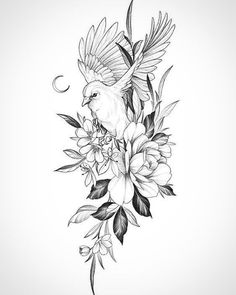 a black and white drawing of a bird on flowers