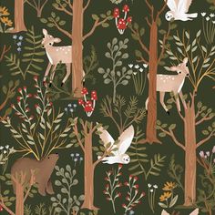 a forest scene with deers, mushrooms and flowers on dark green background wallpaper