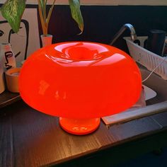 an orange lamp sitting on top of a wooden table next to a potted plant