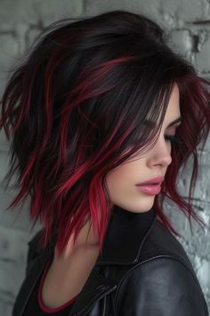 Dark Cherry Red Highlights In Black Hair, Shag Layered Hairstyles Medium, Short Choppy Hairstyle Women Fine Hair, High Contrast Hair Color Dark, Bob Hair Color 2024, Black Cherry Short Hair, Burgundy Lowlights In Blonde Hair, Short Brown Hair With Red Highlights, Red Highlights On Dark Hair