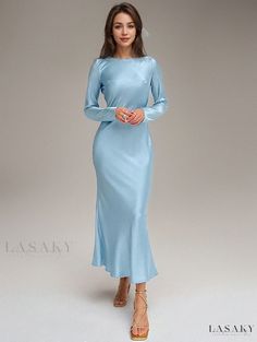 Lasaky - Satin Long Sleeve Elegant Maxi Dress with Stylish Mermaid Hem Light Blue Fitted Dress With Mermaid Hem, Light Blue Fitted Mermaid Hem Dress, Blue Fitted Long Sleeve Mermaid Dress, Fitted Solid Color Dress With Mermaid Hem, Fitted Dress With Mermaid Hem, Ice Dresses, Modest Fits, Elegant Maxi Dress