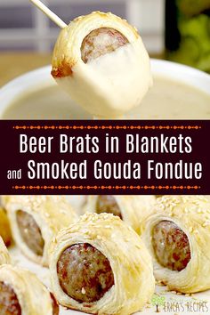 beer brats in blankets and smoked gourd fondue with text overlay