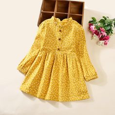 Yellow Kids Girls' Dress Floral Knee-length Dress Print Cotton Long Sleeve Cute Dress Pink Yellow Floral Dress Long Sleeve, Midi Dress Winter, Floral Dress Long, Classic Baby Clothes, Cheap Dresses Casual, Floral Party Dress, Girls Floral Dress, Floral Cotton Dress, Flower Band