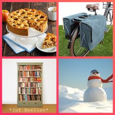 there are four pictures with different things to see in the picture, including bookshelves, pies, and snowmen