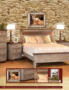 a bedroom with stone walls and wooden furniture in it's display area, including a large bed