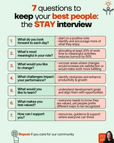 a poster with the words 7 questions to keep your best people in the stay interview