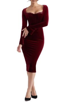 HOUSE OF CB Solaine Lace Trim Long Sleeve Velvet Midi Dress | Nordstrom Velvet Corset Dress, Vintage Velvet Dress, Elevated Fashion, Velvet Corset, Burgundy Midi Dress, Corset Midi Dress, Cocktail Outfit, Velvet Midi Dress, Dress Stand