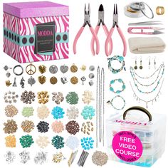 the contents of a jewelry making kit including scissors, beads, and other crafting supplies