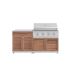 an outdoor bbq grill with two doors and drawers on the side, in front of a white background