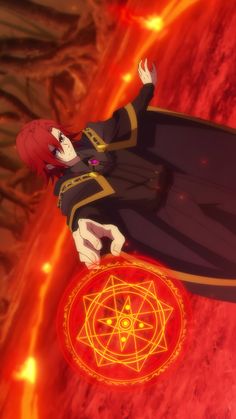 an anime character laying on top of a red object in the middle of a fire