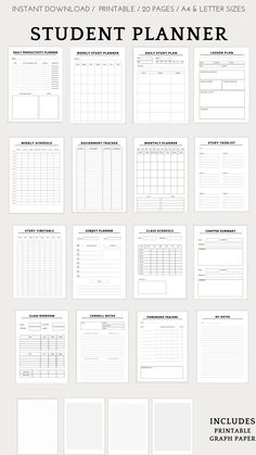 the printable student planner is shown in black and white, with several different sections