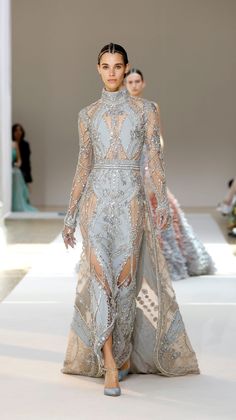 Fantasy Haute Couture, Haute Couture Gowns 2024, Luxury Couture Floor-length Dress, Hobeika Georges, Luxury Glamorous Floor-length Kaftan, Luxury Silver Embellished Gown, Elegant Silver Hand-embellished Gown, Extravagant Clothes, Silver Haute Couture Gowns