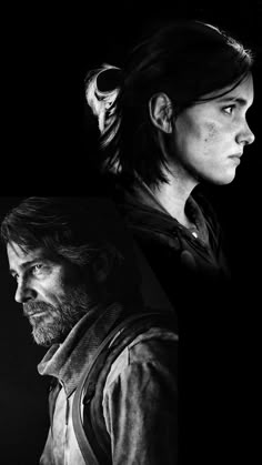 the last of us movie poster with black and white image of two people, one looking at