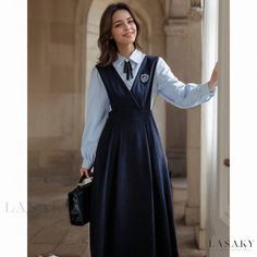 Lasaky - A set of College-style Uniform Dress with Suspender Skirt and Shirt Blue Suit With Bow Tie, Skirt With Suspenders Outfits, Suspenders Outfits, Suit With Bow Tie, Private School Uniforms, Style Uniform, Bow Tie Suit, College Uniform, Go Back To School