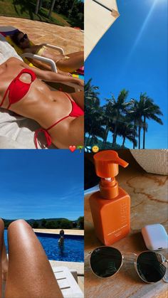 a collage of photos with sunglasses, sunbathing on the beach