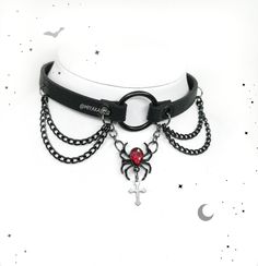 Creepycute chokers made from eco strap (width 10mm/ 0,39"). Decorated with a spider charm and black aluminium chains. Available in 2 version:  version 1. Spider with black o-ring 0.98" (25mm) version 2. Spider with chains and bloody red crystals   The lenght of chokers: 32cm/12,6" + 5cm/1,97" of chain ATTENTION! REGISTERED LETTER- estimate shipping time is about 1-2 weeks to European Union and 3-4 weeks to outside the European Union. Tracking number doesn't work outside Poland, but it is proof o Cheap Edgy Choker For Halloween, Cheap Adjustable Emo Choker, Cheap Halloween Cosplay Jewelry, Cheap Halloween Choker Gift, Cheap Halloween Choker, Spider Choker Necklace, Gothic Chain Choker, Alternative Halloween Jewelry With Chain, Alternative Halloween Chain Jewelry