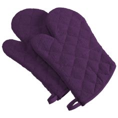 two oven mitts are shown in purple