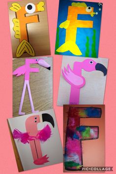 four different types of paper cut outs with flamingos and letter f in the middle