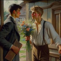 a painting of two men standing next to each other with flowers in front of them