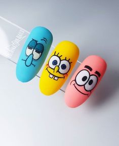 Teletubbies Nail Art, Character Nail Art Step By Step, Desain Salon Kuku, Space Nail Art, Spongebob Nails, Nailart Tutorial, Disney Acrylic Nails, Pop Art Nails, Mickey Nails