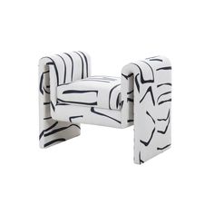 a white chair with black and white designs on it's armrests, sitting in front of a white background