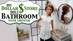 a doll is standing in front of a bathroom sink with a dollar sign above it