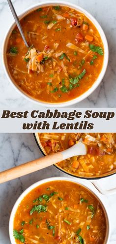 the best cabbage soup with lentils is shown in two white bowls and one has a wooden spoon