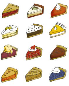 a bunch of different types of pies on a white background