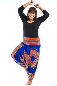 Plus Size Dashiki Prints Drop Crotch Women's Harem Pants in Blue Orange Dots