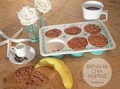 banana and chocolate muffins sitting on a table