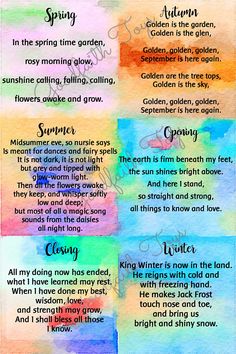 a poem written in watercolor with the words spring, autumn and fall on it