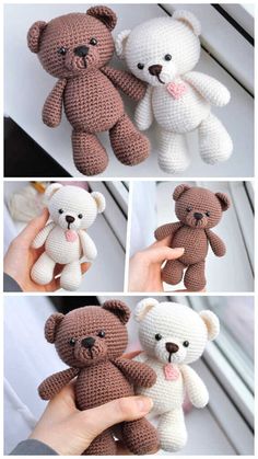 crocheted teddy bears in different stages of being held by someone's hand