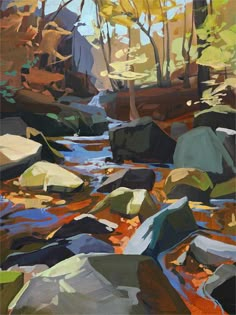 an oil painting of rocks and trees in a stream with water running between them on a piece of wood