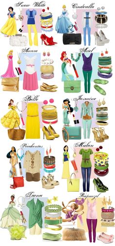 many different types of clothing and shoes are shown in this graphic style, including princesses