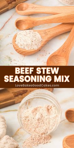 beef stew seasoning mix in a glass jar with wooden spoons next to it