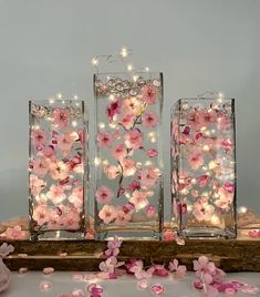 three clear vases with pink flowers and fairy lights