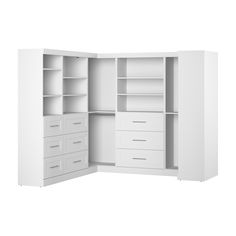 an open closet with drawers and shelves on the bottom shelf is shown in white, isolated against a white background