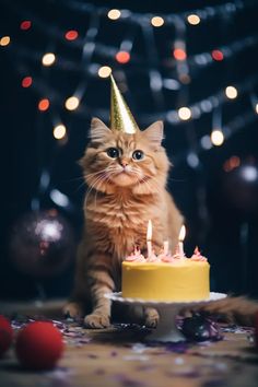 a cat sitting in front of a birthday cake with lit candles