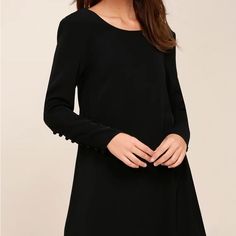 Nwt Lulus Upbeat Chic Black Long Sleeve V-Back Button Sleeve Shift Dress Size Medium In Perfect Condition Chic Button Sleeves Length 33” Waist 15” Underarms 15” Molde, Shift Dresses, Black Long Sleeve Shift Dress, Shift Dress Long Sleeve, Ireland Dress, Shift Dress Long, Grad Dresses Long, Woman Outfit, White Halter Dress