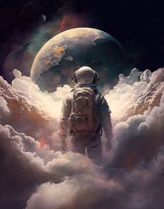 an astronaut is standing in the clouds with his back to the camera and looking at the earth