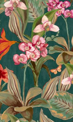 a painting of flowers and leaves on a dark green background with red, pink, orange, and yellow colors