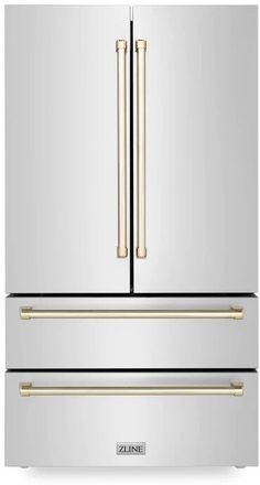 a stainless steel refrigerator freezer with two drawers and gold trimmings on the doors