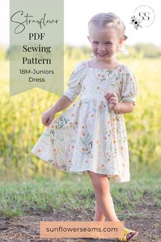 Strawflower is tailor-made for little ones who adore the joy of twirling! Designed to be a dress for all seasons, Strawflower is a true wardrobe staple. Whether it's a sunny summer day or a crisp autumn afternoon, your child will always have the perfect dress to wear. With our Strawflower PDF sewing patterns, you can create bespoke garments that reflect your child's unique personality and style. Let the twirling adventures begin! Random Sewing Projects, First Sewing Projects For Kids, Smock Dress Pattern Free, Toddler Girl Dress Pattern, Sewing Kids Clothes Patterns, Kids Sewing Projects Beginner, Free Baby Clothes Patterns Sewing, Kid Sewing Patterns, Basic Sewing Projects For Beginners