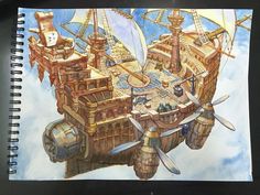 a drawing of a pirate ship in the sky