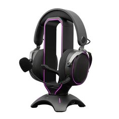 the astro gaming headset with microphone and headphone stand is shown in black, purple and white