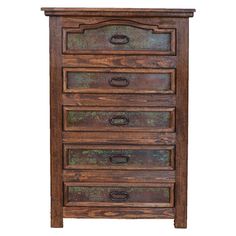 an old wooden dresser with drawers on the top and bottom, against a white background