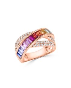 Bloomingdale's Fine Collection Rainbow Sapphire & Diamond Crossover Ring in 14K Rose Gold Diamond Crossover Ring, 14k Rose Gold Jewelry, Crossover Diamond Ring, Crossover Ring, Rainbow Sapphires, Rose Gold Jewelry, Sapphire Diamond, Crossover, Unique Pieces