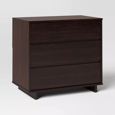 a dark brown dresser with two drawers on one side and an open drawer on the other