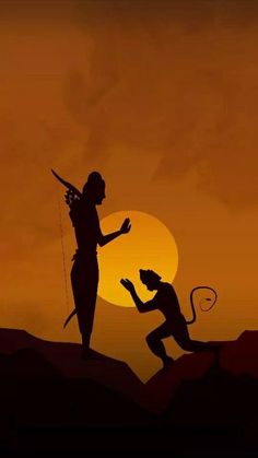 the silhouettes of two people in front of an orange sky at sunset, one holding a bow while the other crouches down