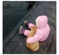 an orange and white cat sitting on top of a sidewalk next to a body of water